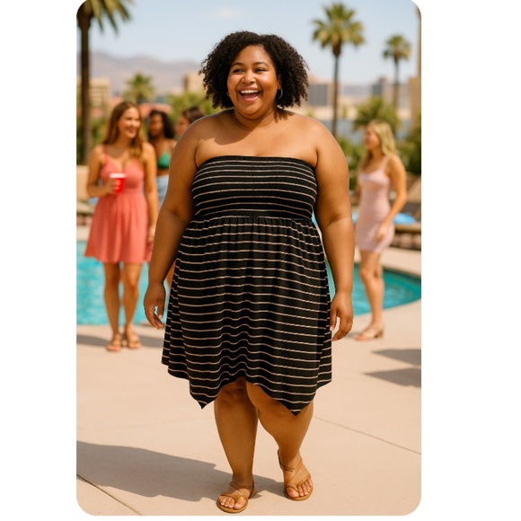 TORRID Black and Coral Stripe Mini Shark Bite Handkerchief Dress Size 6X - Picture 2 of 12